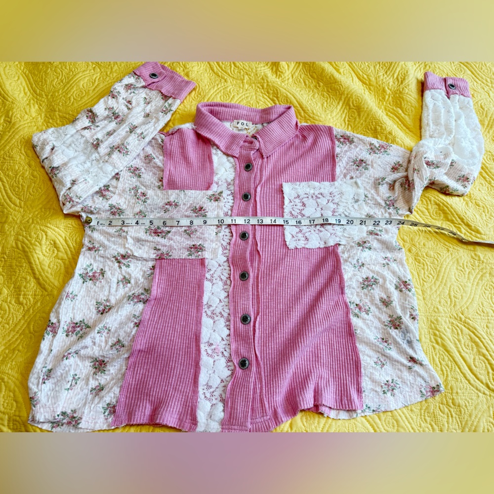 H175 New POL S pp24 Pink and Cream Patchwork detail Lace Button-Up Jacket Top - Picture 12 of 16